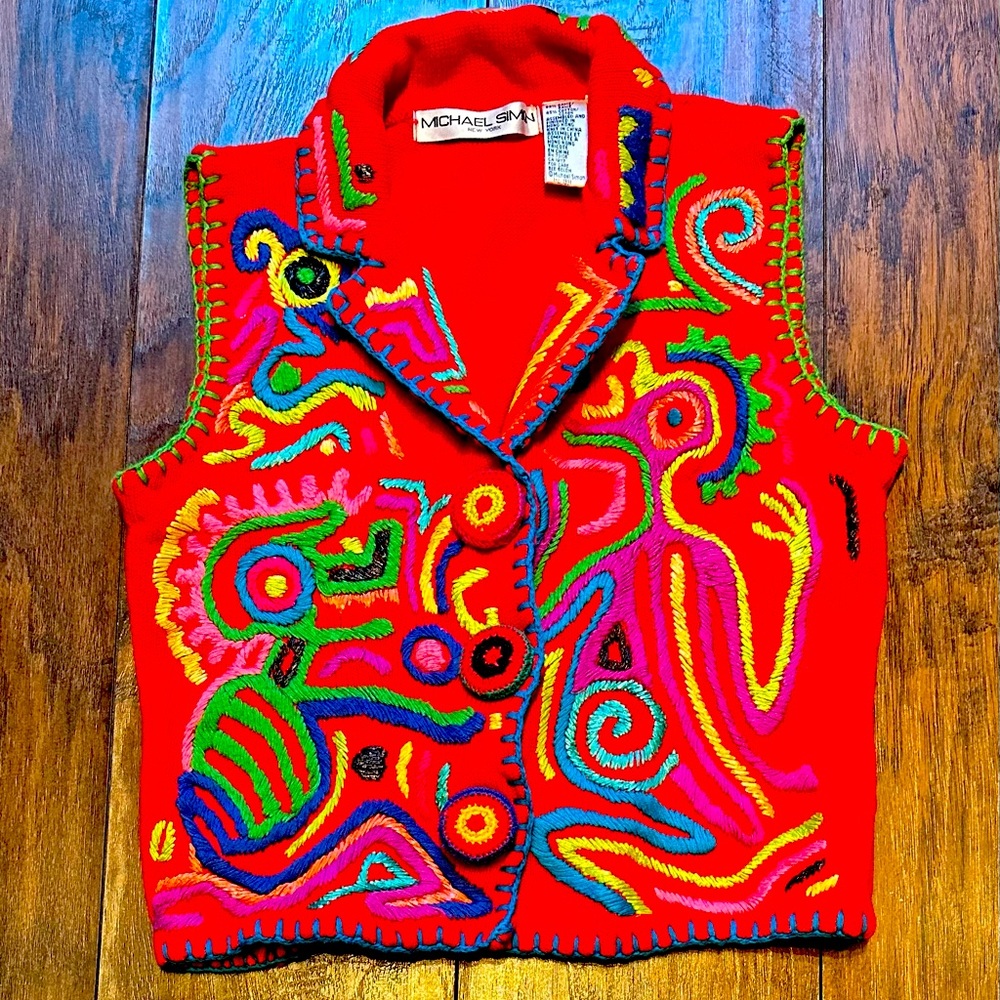 Vintage Michael Simon Embroidered Vest w/Crocheted Buttons Size 1